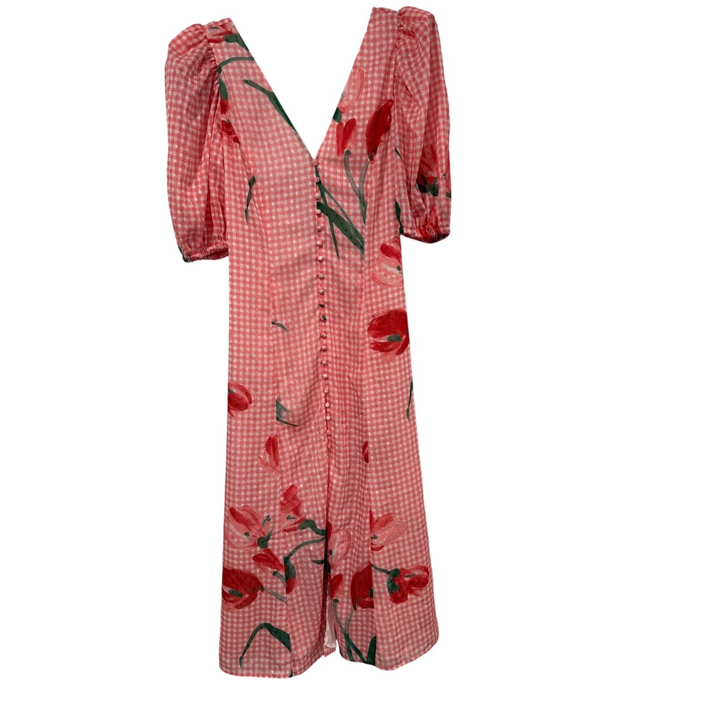 Uterque Pink Gingham Red Tulip Floral Button Front Puff Sleeve Midi Dress